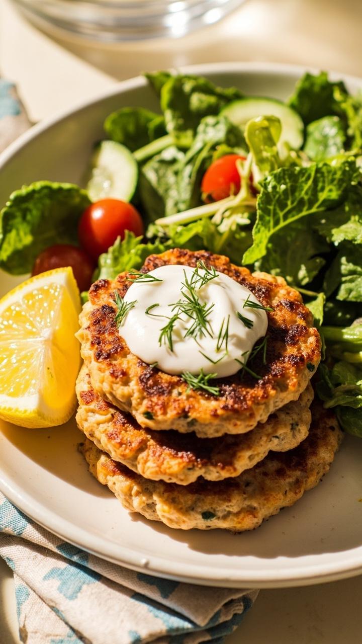 Three golden browned salmon patties stacked on a small plate with a dollop of creamy dill yogurt sauce a wedge of lemon a small side salad of mixed greens and a cloth napkin beside the plate