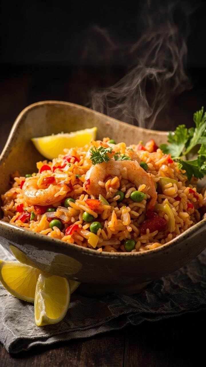A wide ceramic bowl of vibrant orange cauliflower rice cooked with shrimp, diced bell peppers, onions, and peas, garnished with chopped parsley and bright lemon wedges on a textured gray napkin.