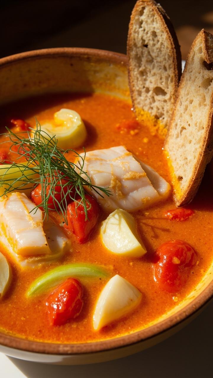 A wide soup bowl of golden tomato broth with chunks of firm white fish, sliced fennel, and tomatoes floating throughout. A sprig of fennel fronds garnishes the top, and toasted baguette slices are tucked alongside. A wide soup bowl of golden tomato broth with chunks of firm white fish, sliced fennel, and tomatoes floating throughout. A sprig of fennel fronds garnishes the top, and toasted baguette slices are tucked alongside.