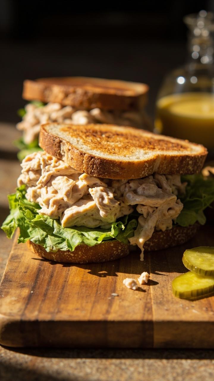 Flaky tuna mixed with creamy dressing piled on thick toasted sourdough, crisp romaine leaves peeking out, a few pickle slices on the side, soft morning light on a wooden cutting board
