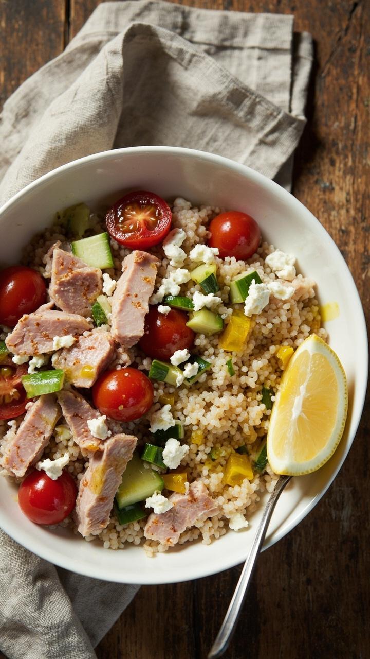 Bowl with a base of cooked quinoa, flaked tuna on one side, halved cherry tomatoes, diced cucumber, crumbled feta, a lemon wedge and a drizzle of olive oil, linen napkin beside the bowl