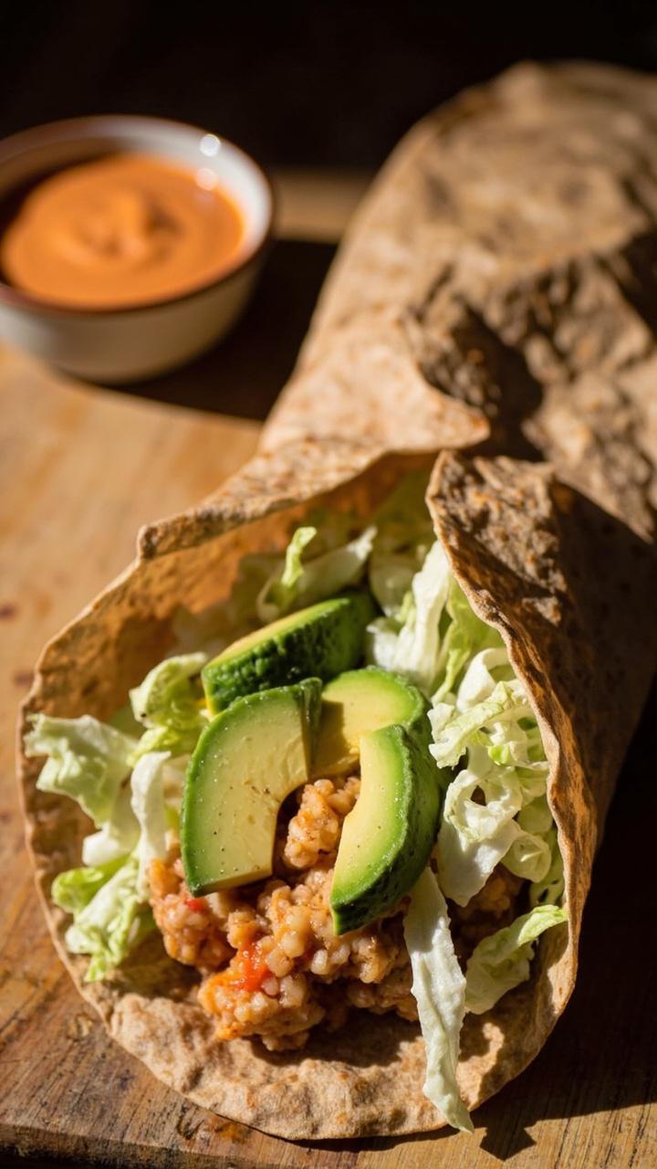 Whole wheat tortilla wrapped around spicy tuna mix, visible shredded lettuce at the edge, sliced avocado tucked inside, small bowl of sriracha mayo on the side, cutting board surface