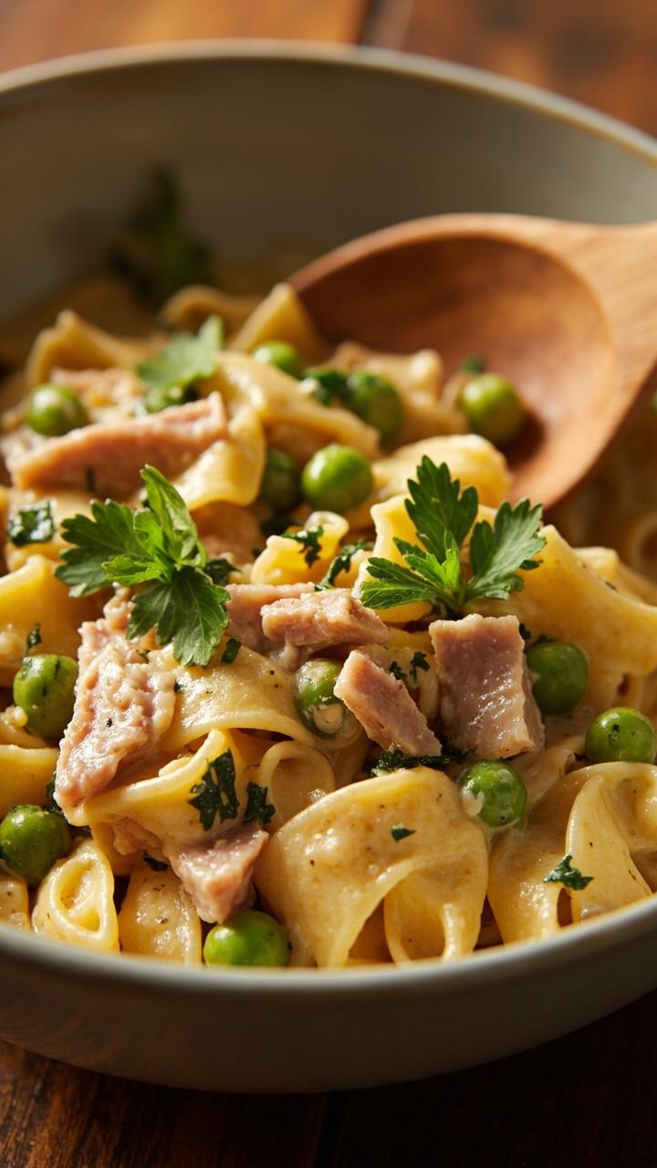 Short pasta tossed with tuna flakes, bright green peas, flecks of parsley, creamy dressing glistening, served in a shallow bowl with a wooden spoon
