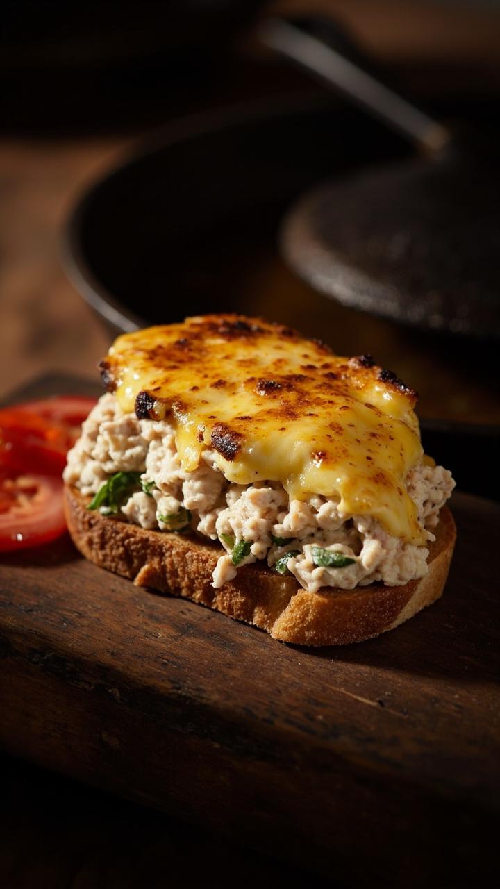 Open-faced sandwich with bubbling golden cheese over tuna, toasted rye bread underneath, thinly sliced tomato on the side, cast iron skillet rim visible