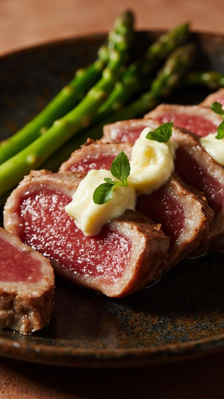 Seared tuna steak sliced into medallions with pink center, small pat of lemon herb butter melting on top, steamed asparagus spears beside, dark rustic plate