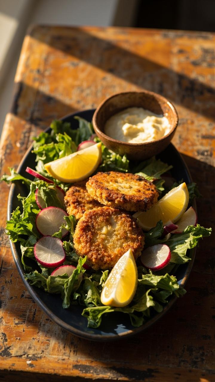 Golden-brown fish cakes arranged on a bed of leafy green salad with sliced radishes and lemon wedges. There’s a small dipping bowl of remoulade nearby, and the plate sits on a rustic wood table. Golden-brown fish cakes arranged on a bed of leafy green salad with sliced radishes and lemon wedges. There’s a small dipping bowl of remoulade nearby, and the plate sits on a rustic wood table.