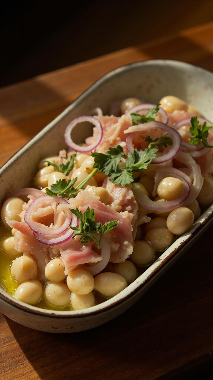 Bowl with creamy white beans, flaked tuna, chopped parsley, thinly sliced red onion, a drizzle of vinaigrette pooling at the bottom, ceramic bowl on a table