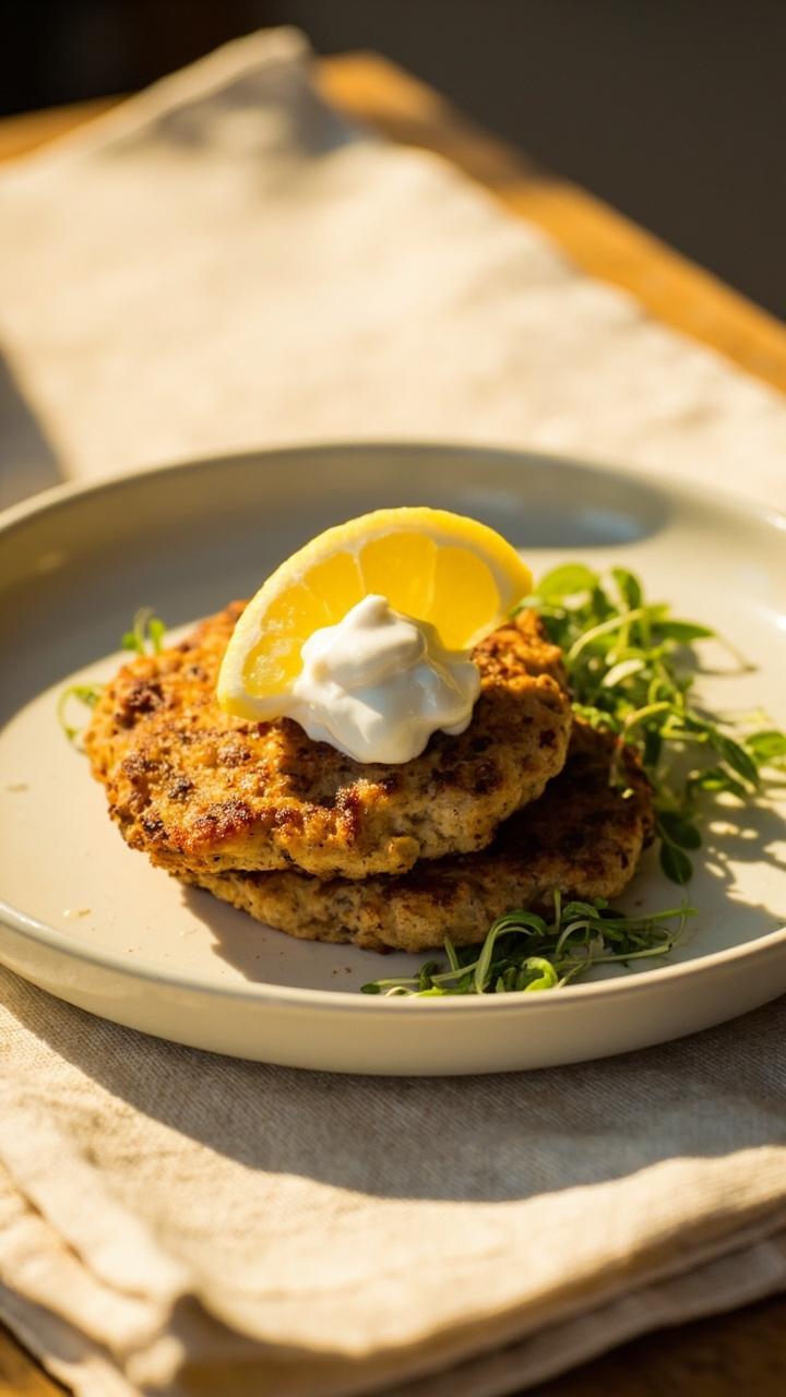 Golden-brown tuna patties stacked on a small plate, dollop of pale lemon yogurt sauce on top, lemon wedge and microgreens, linen placemat underneath