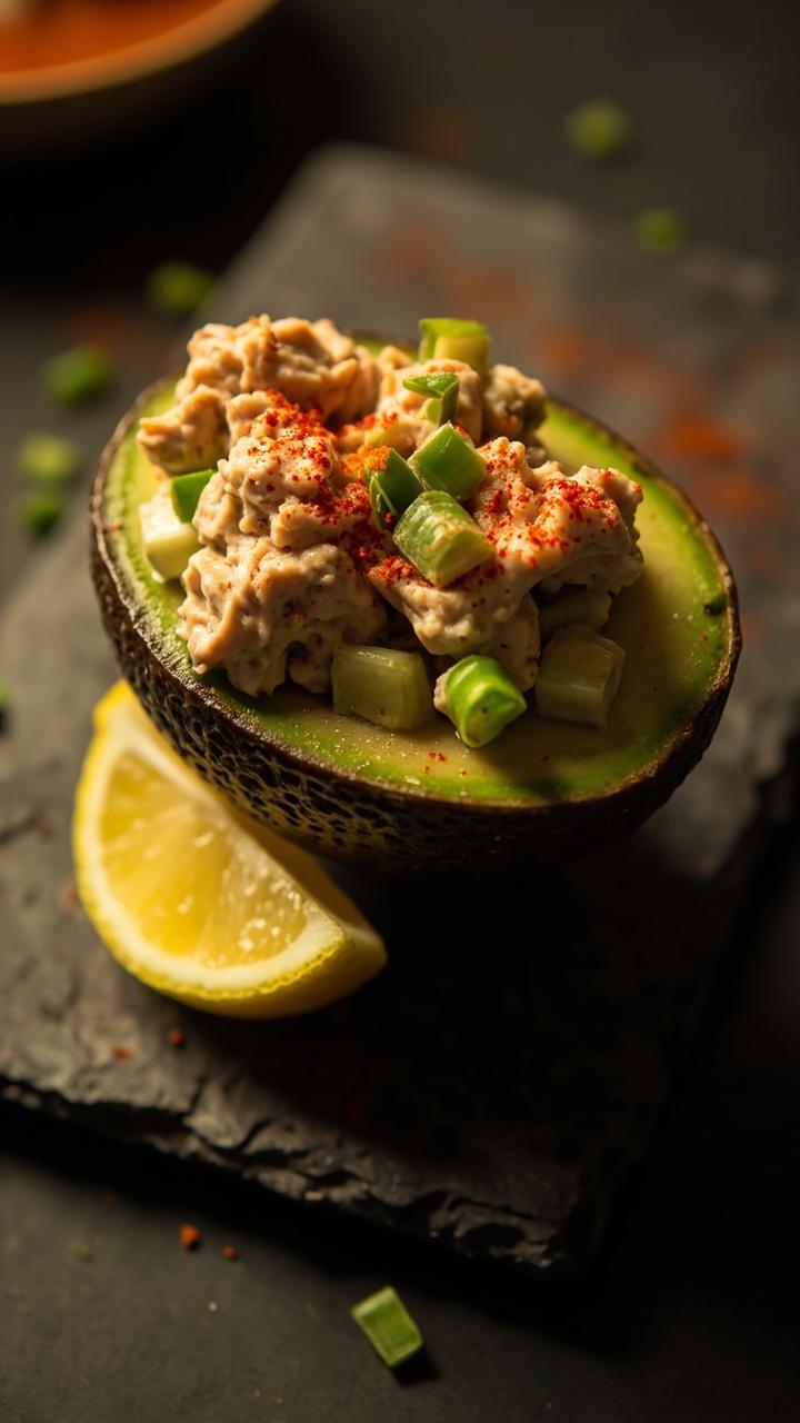 Halved avocado with tuna salad scooped into the cavity, sprinkle of paprika and chopped chives, small lemon wedge on the side, slate serving plate