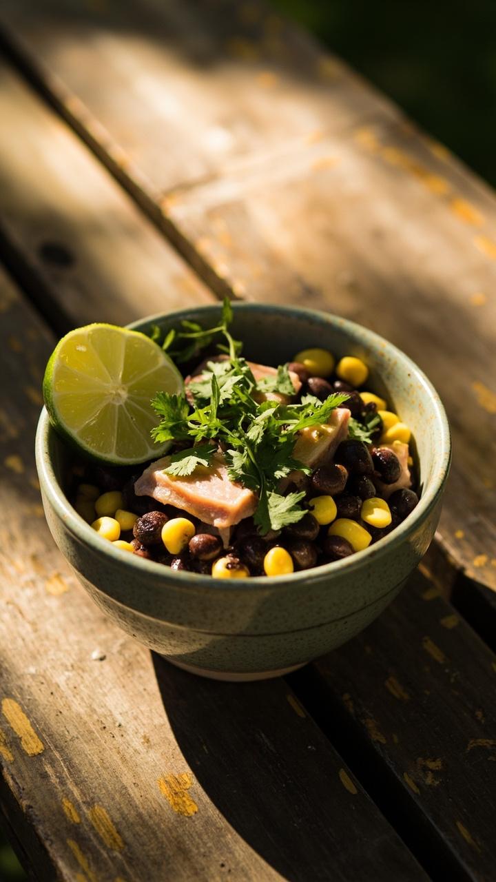 Bowl with black beans, sweet corn kernels, flaked tuna, chopped cilantro, lime wedge on the rim, picnic table surface