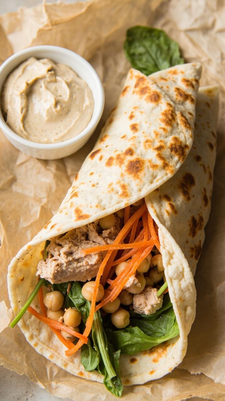 Flatbread folded around tuna and chickpea filling, visible shredded carrot and spinach, small bowl of tahini dressing beside, parchment paper under the wrap