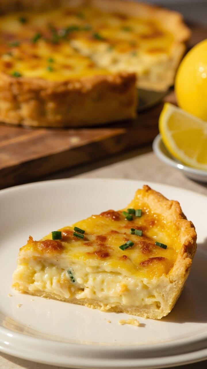 A golden slice of quiche on a white plate, flaky crust edges and creamy pale yellow custard flecked with crab and browned cheese, a sprinkling of chopped chives, a whole quiche on a wooden board in the background, a small dish of lemon wedges nearby. A golden slice of quiche on a white plate, flaky crust edges and creamy pale yellow custard flecked with crab and browned cheese, a sprinkling of chopped chives, a whole quiche on a wooden board in the background, a small dish of lemon wedges nearby.