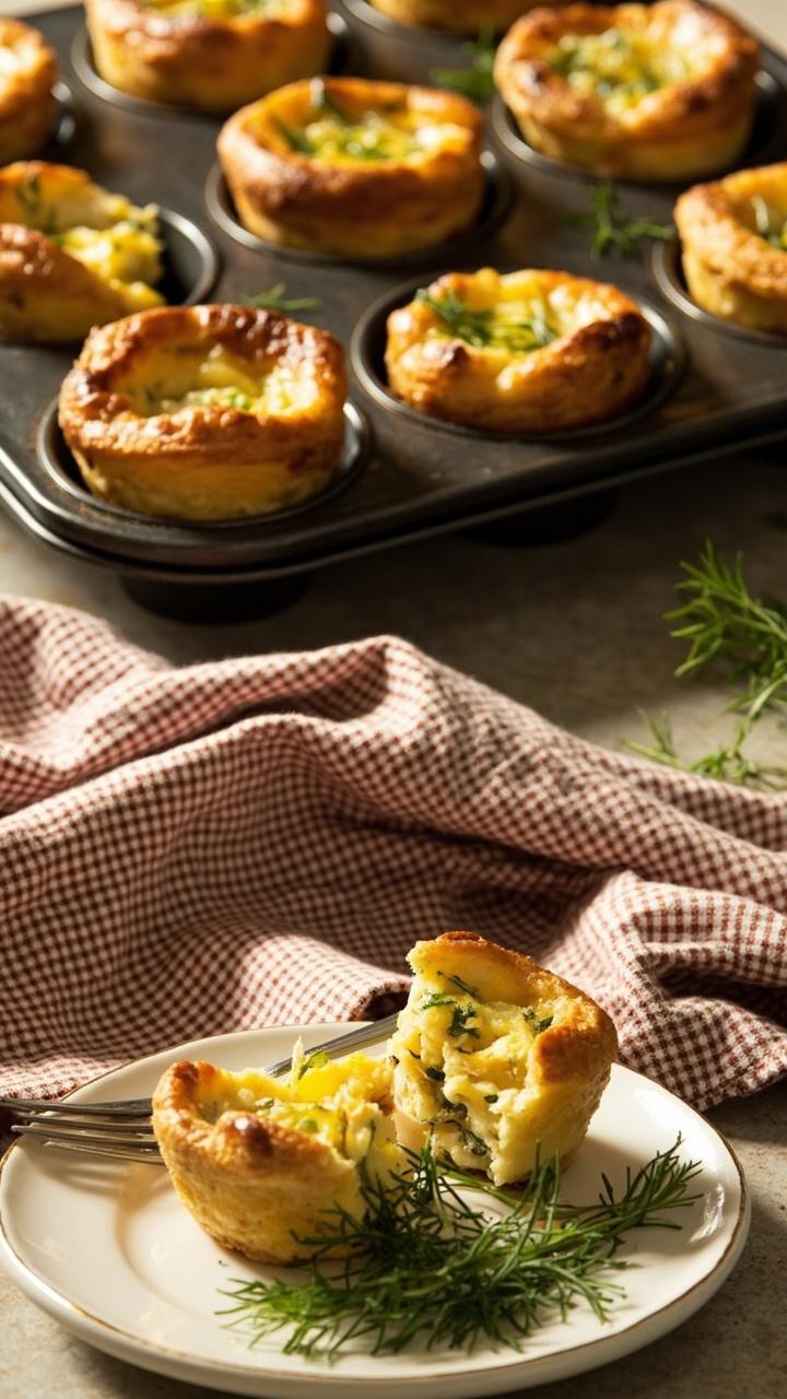 Ten mini quiche bites in a dark muffin tin, golden tops with flecks of parsley and dill, a small plate with two quiche bites cut in half to show creamy interior, a sprig of parsley for garnish, a checked kitchen towel. Ten mini quiche bites in a dark muffin tin, golden tops with flecks of parsley and dill, a small plate with two quiche bites cut in half to show creamy interior, a sprig of parsley for garnish, a checked kitchen towel.