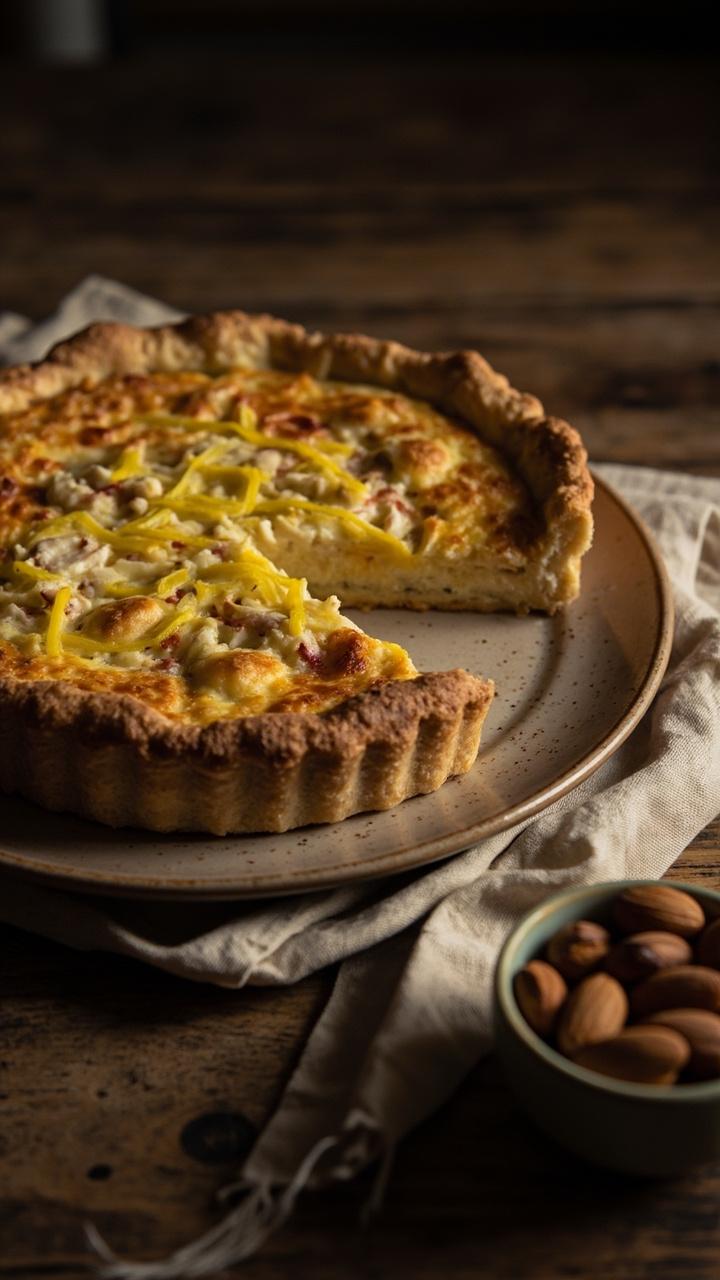 A round quiche on a ceramic plate with a slightly nutty brown crust, a wedge cut to show creamy interior with tiny crab pieces and lemon zest, a small bowl of almonds on the side, a linen napkin on a farmhouse table. A round quiche on a ceramic plate with a slightly nutty brown crust, a wedge cut to show creamy interior with tiny crab pieces and lemon zest, a small bowl of almonds on the side, a linen napkin on a farmhouse table.