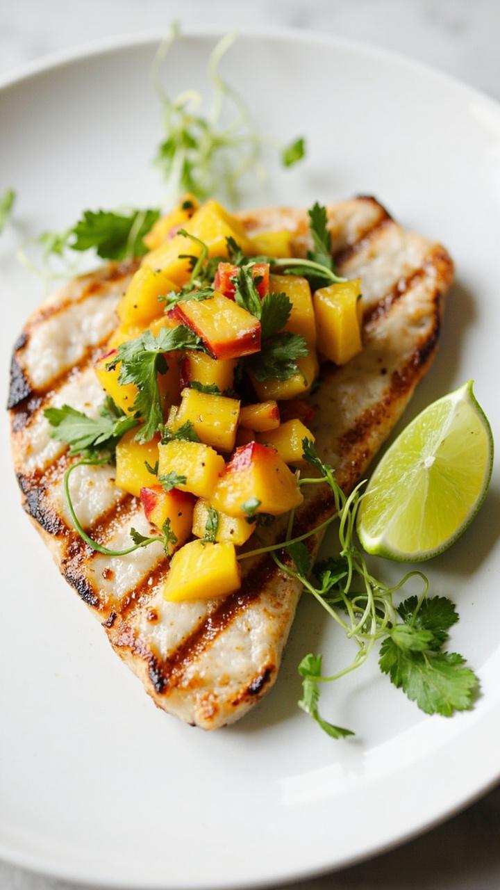 Grilled swordfish steak with light grill marks, topped with chunky mango salsa and fresh cilantro. A wedge of lime and a few sprigs of microgreens complete the bright, summery look on a white dinner plate. Grilled swordfish steak with light grill marks, topped with chunky mango salsa and fresh cilantro. A wedge of lime and a few sprigs of microgreens complete the bright, summery look on a white dinner plate.