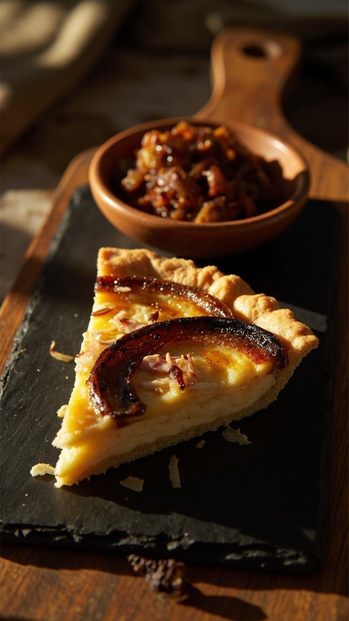 A slice of quiche on a dark slate plate showing a caramelized dark onion ring near the crust, visible flakes of smoked crab and browned cheese on top, a small bowl of extra caramelized onions, a wooden serving board underneath. A slice of quiche on a dark slate plate showing a caramelized dark onion ring near the crust, visible flakes of smoked crab and browned cheese on top, a small bowl of extra caramelized onions, a wooden serving board underneath.