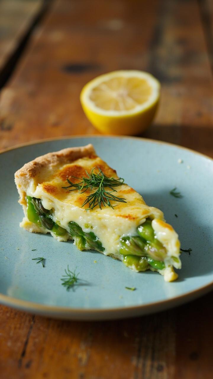 A wedge of quiche on a pale blue plate with bright green asparagus tips poking from the custard, tiny flecks of dill on top, a lemon half nearby, a rustic wooden table surface. A wedge of quiche on a pale blue plate with bright green asparagus tips poking from the custard, tiny flecks of dill on top, a lemon half nearby, a rustic wooden table surface.