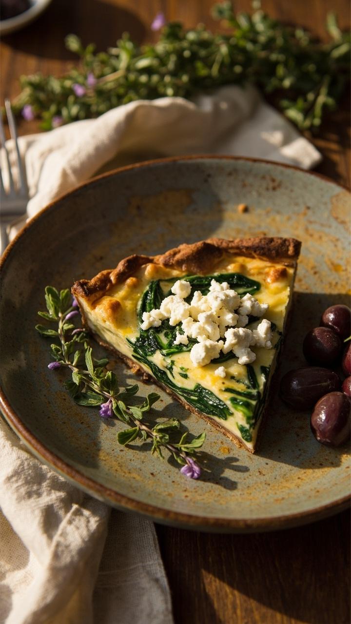 A slice of quiche on a rustic ceramic plate with visible spinach ribbons, crumbled white feta on top, a small pile of Kalamata olives on the side, a sprig of oregano for garnish, a light linen napkin. A slice of quiche on a rustic ceramic plate with visible spinach ribbons, crumbled white feta on top, a small pile of Kalamata olives on the side, a sprig of oregano for garnish, a light linen napkin.