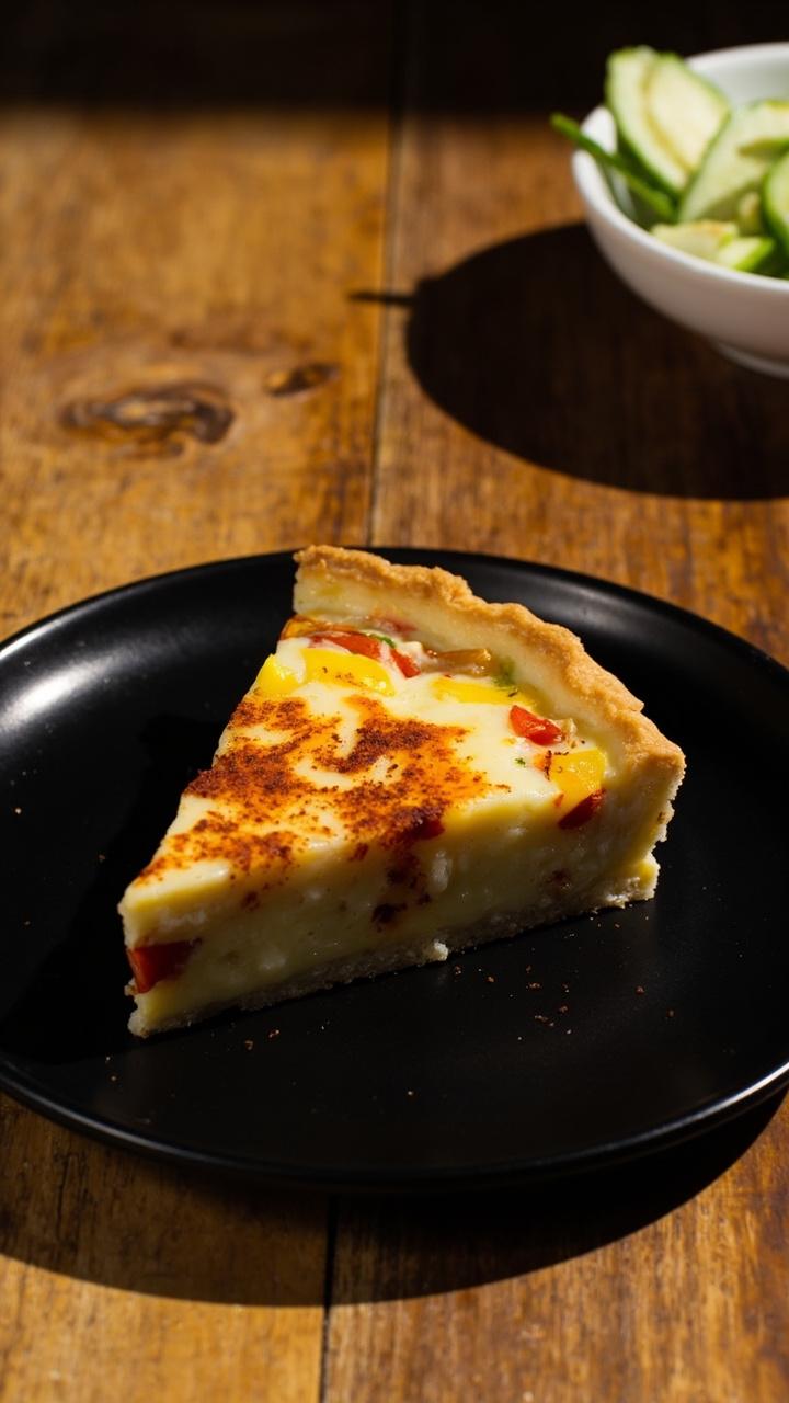 A wedge of quiche on a dark plate with red and yellow peppers visible in the custard, a light dusting of paprika on top, a small bowl of sliced cucumber salad nearby, a wooden table surface. A wedge of quiche on a dark plate with red and yellow peppers visible in the custard, a light dusting of paprika on top, a small bowl of sliced cucumber salad nearby, a wooden table surface.