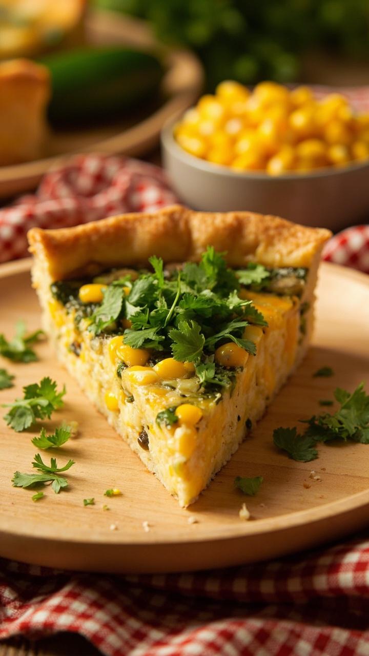 A slice of quiche on a light wooden plate showing corn kernels and green jalapeno pieces, a scattering of chopped cilantro on top, a small bowl of extra corn kernels, a picnic style cloth under the plate. A slice of quiche on a light wooden plate showing corn kernels and green jalapeno pieces, a scattering of chopped cilantro on top, a small bowl of extra corn kernels, a picnic style cloth under the plate.
