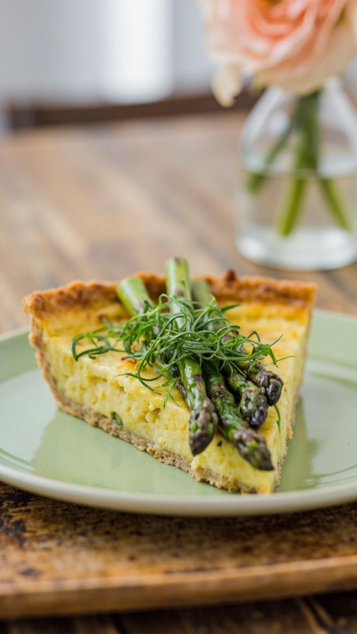 A slice of quiche on a pale green plate with asparagus tips arranged on top, thin tarragon leaves scattered across the surface, a small vase with a single spring flower in the background, a wooden table. A slice of quiche on a pale green plate with asparagus tips arranged on top, thin tarragon leaves scattered across the surface, a small vase with a single spring flower in the background, a wooden table.