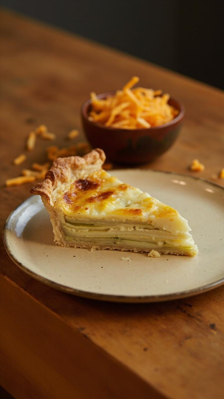 A wedge of quiche on a cream colored plate with layers of pale leek rings visible, melted cheddar browning on top, a small bowl of extra shredded cheddar nearby, a wooden table surface. A wedge of quiche on a cream colored plate with layers of pale leek rings visible, melted cheddar browning on top, a small bowl of extra shredded cheddar nearby, a wooden table surface.