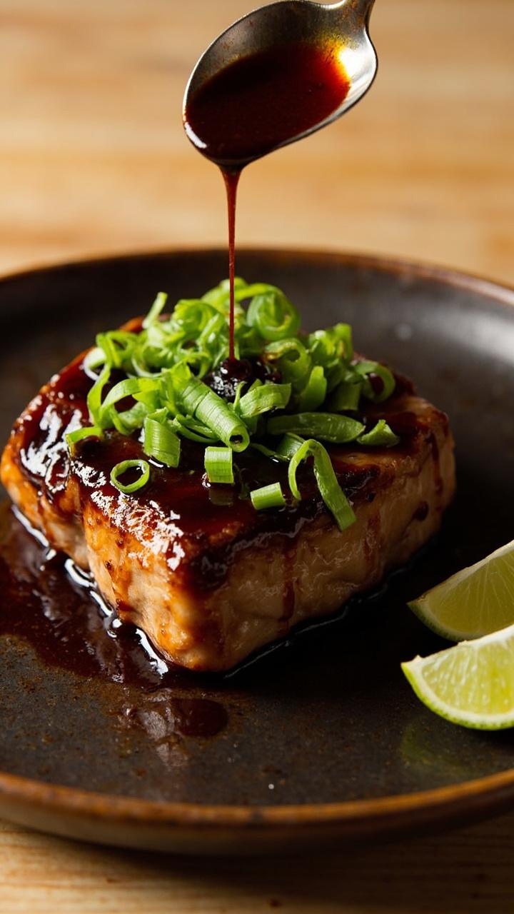 One glossy soy ginger glazed tuna steak whole on a rustic dark plate a spoon drizzling extra glaze over it thin sliced green onions sprinkled on top and a wedge of lime on the side a light wood table surface visible