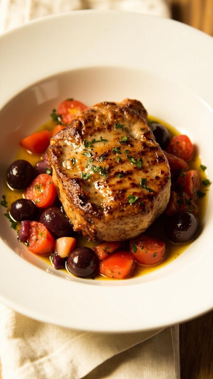 A tuna steak topped with chunky tomato olive relish on a shallow white bowl a few chopped kalamata olives visible chopped parsley sprinkled around and a drizzle of olive oil visible on the plate a linen napkin beside