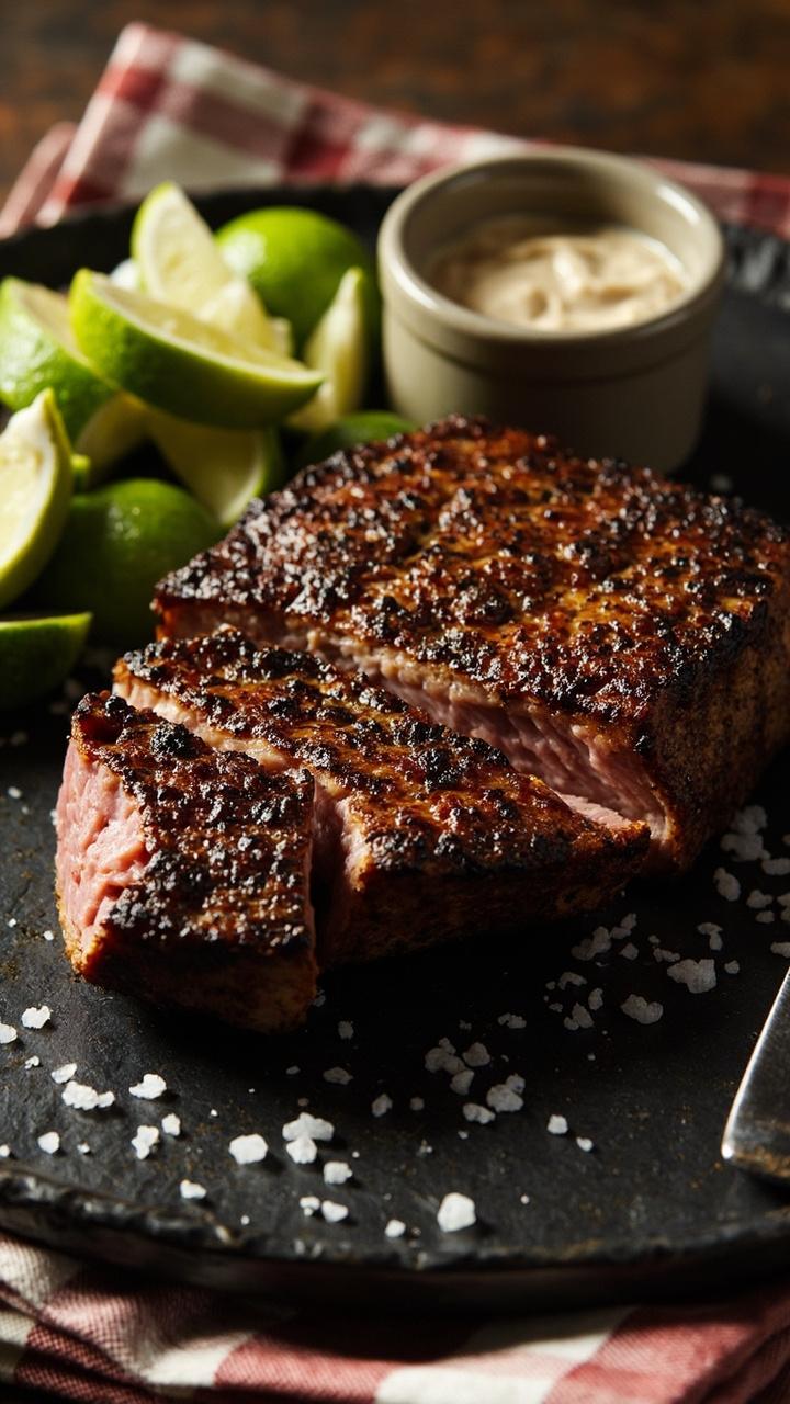 A deeply spiced blackened tuna steak on a dark slate plate a small pile of bright lime wedges at the edge a scattering of coarse salt and a small ramekin of creamy sauce a folded checked kitchen towel beneath