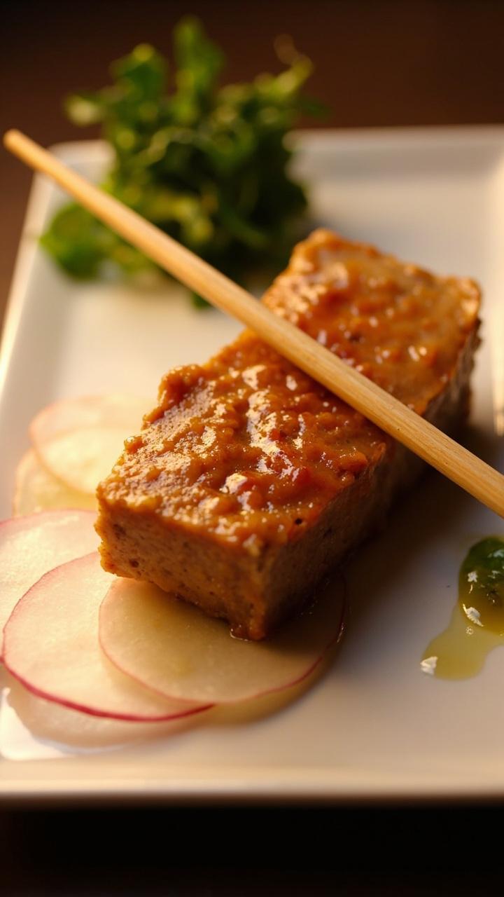 A miso glazed tuna steak with a shiny amber glaze on a small rectangular plate a few thinly sliced radishes and a small pile of steamed greens on the side a light drizzle of sesame oil and a chopstick resting at the top