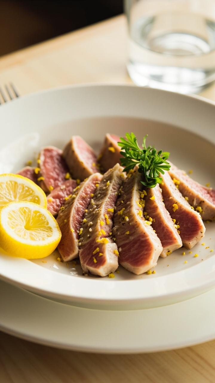 A tuna steak with a pale herb and lemon zest crust sliced and fanned on a white plate a few lemon slices and a small sprig of parsley on top a background of light wooden table and a glass of water