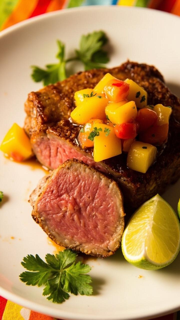A seared tuna steak sliced thick and topped with chunky mango salsa on a round white plate a few cilantro leaves scattered and a lime wedge at the side a colorful napkin under the plate