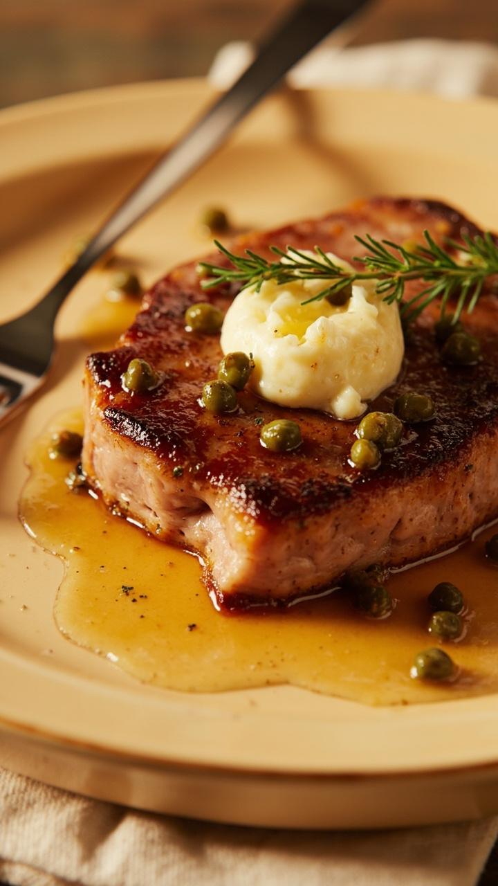 A tuna steak topped with a small pat of melting herb butter and scattered capers on a warm cream colored plate a sprig of thyme beside and a fork catching the butter melt on the edge a soft linen underneath