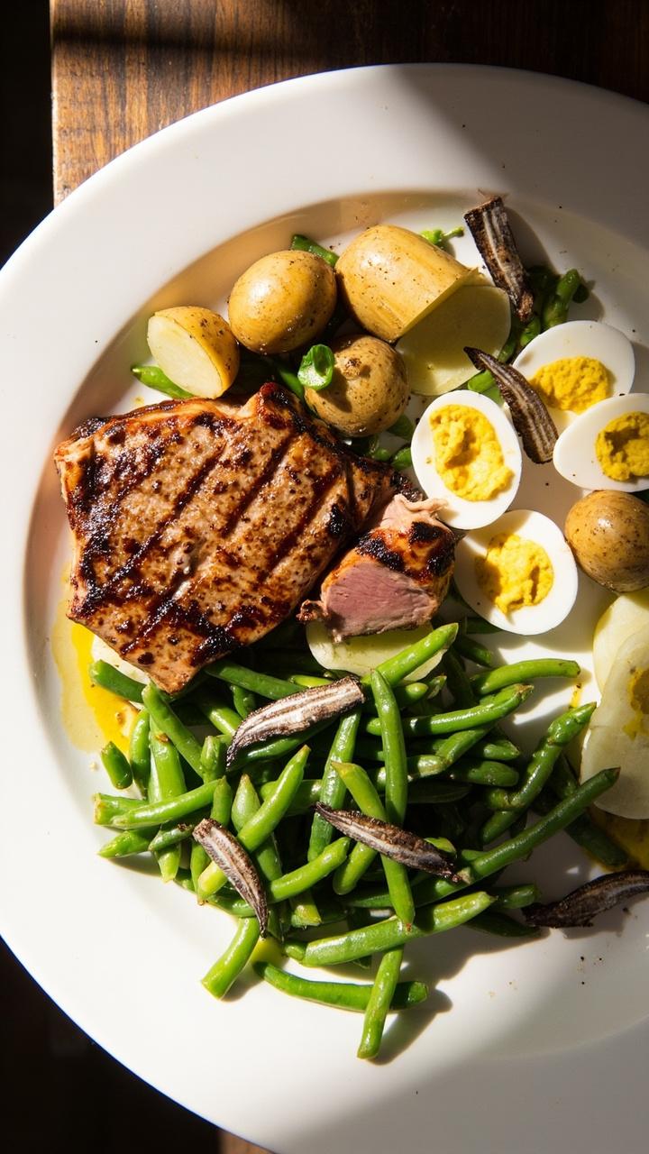 A tuna steak placed next to halved new potatoes blanched green beans and hard boiled egg quarters on a large white platter a few anchovy fillets in the corner and a drizzle of vinaigrette visible on the vegetables a wooden serving board underneath
