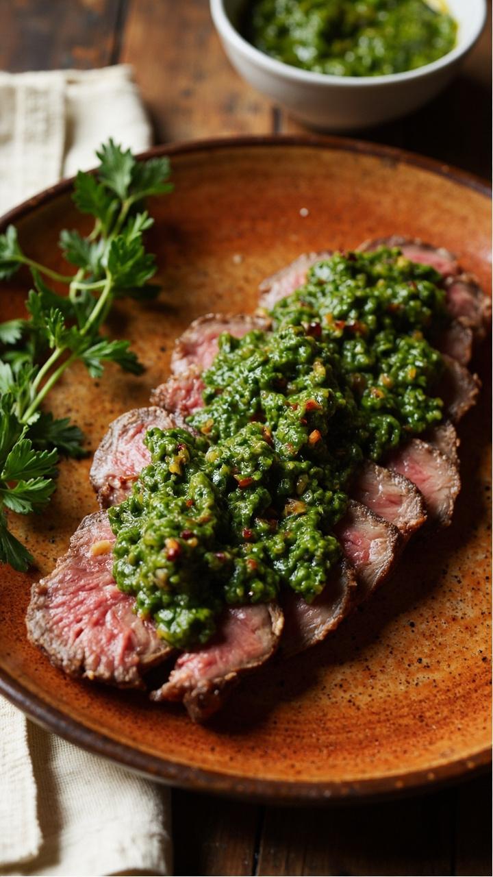 A tuna steak sliced and fanned with bright green chimichurri spooned on top on a terracotta colored plate a small bowl of extra chimichurri beside a sprig of parsley as a garnish a linen napkin showing casual rustic table styling