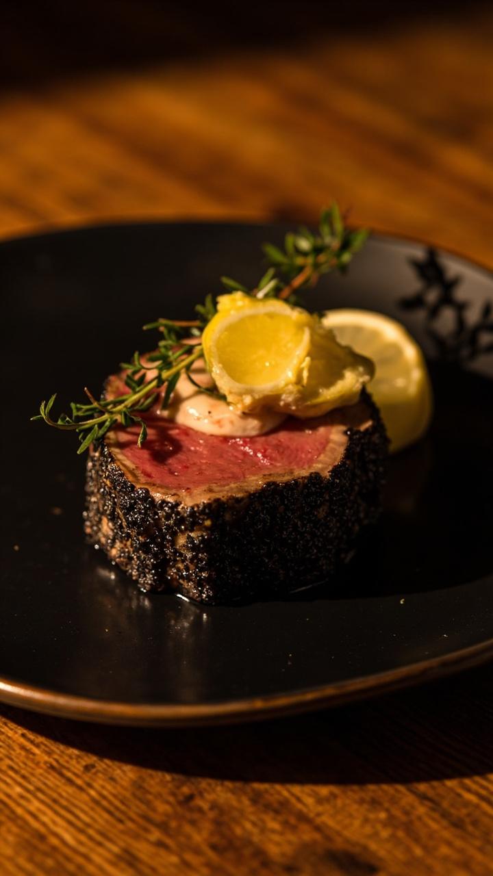 A tuna steak with visible cracked black peppercorn crust topped with a glossy slice of lemon butter melting over it on a simple dark plate a thin lemon slice and a sprig of thyme beside a wooden table surface visible