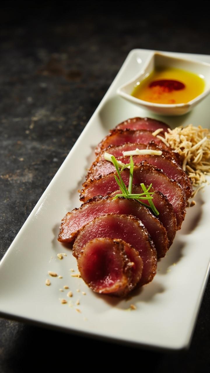 Thinly sliced seared tuna arranged in a fan on a long white plate a small shallow dish of ponzu sauce with a thin slice of red chili floating in it a few thinly sliced scallions and sesame seeds sprinkled on top a dark slate underneath