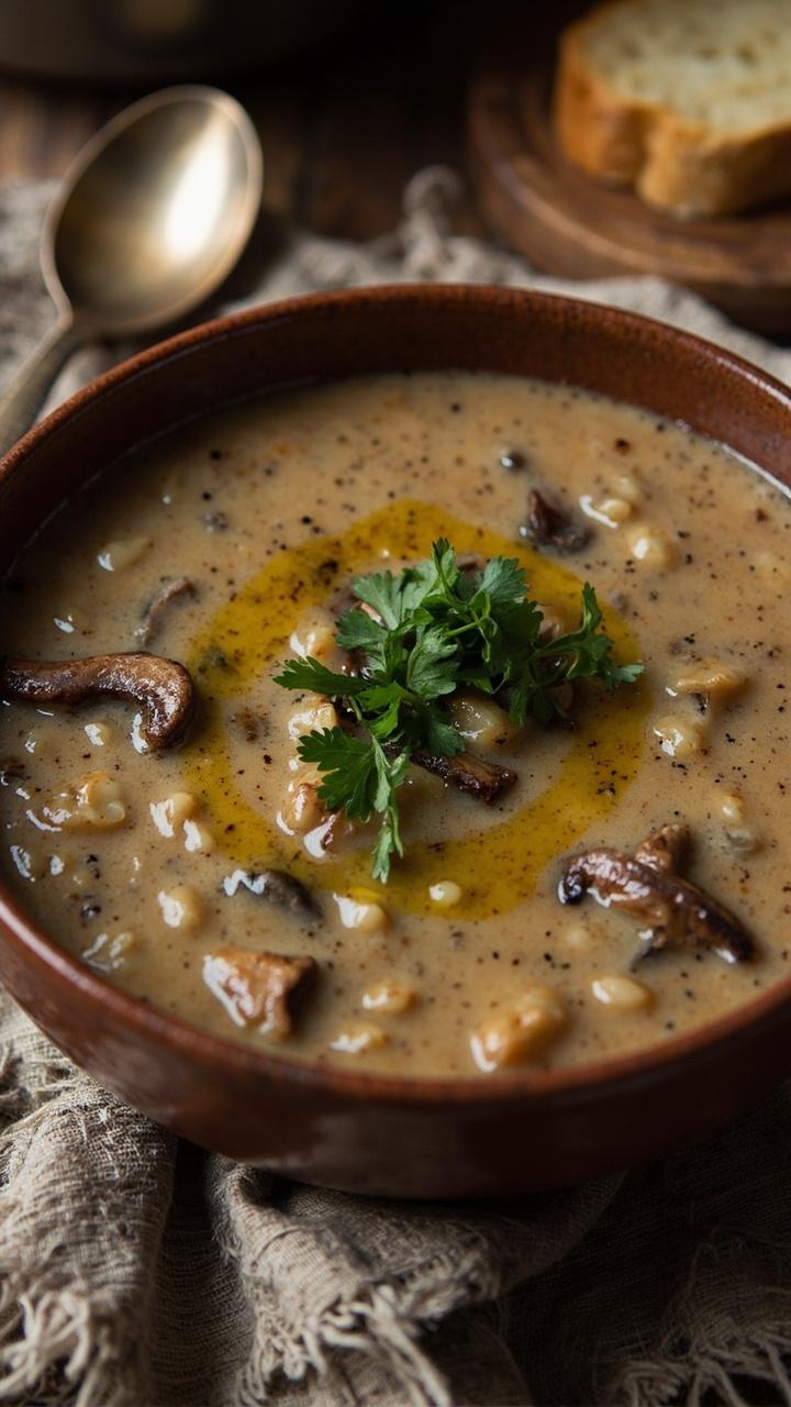 A deep ceramic bowl of creamy tan soup with visible wild rice grains and sautéed mushroom slices. Small pile of chopped parsley in the center and a light drizzle of olive oil. Wooden spoon on a frayed linen napkin and a small crusty bread slice on a wooden board.