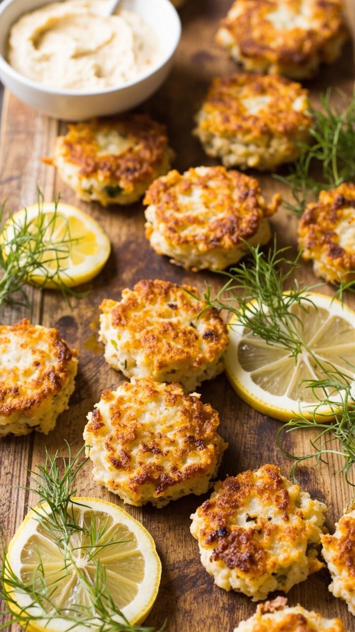 Golden brown mini crab cakes neatly placed on a rustic cutting board, with a bowl of creamy remoulade sauce off to the side. Sprigs of dill, thin lemon slices, and a scattering of microgreens finish the scene.