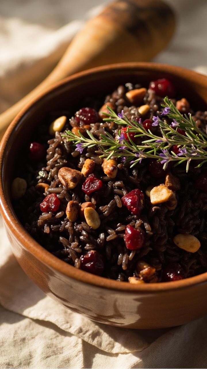 A shallow serving bowl of glossy wild rice studded with red dried cranberries and toasted pecan pieces. Sprigs of thyme on top and a wooden serving spoon resting on a linen tablecloth.