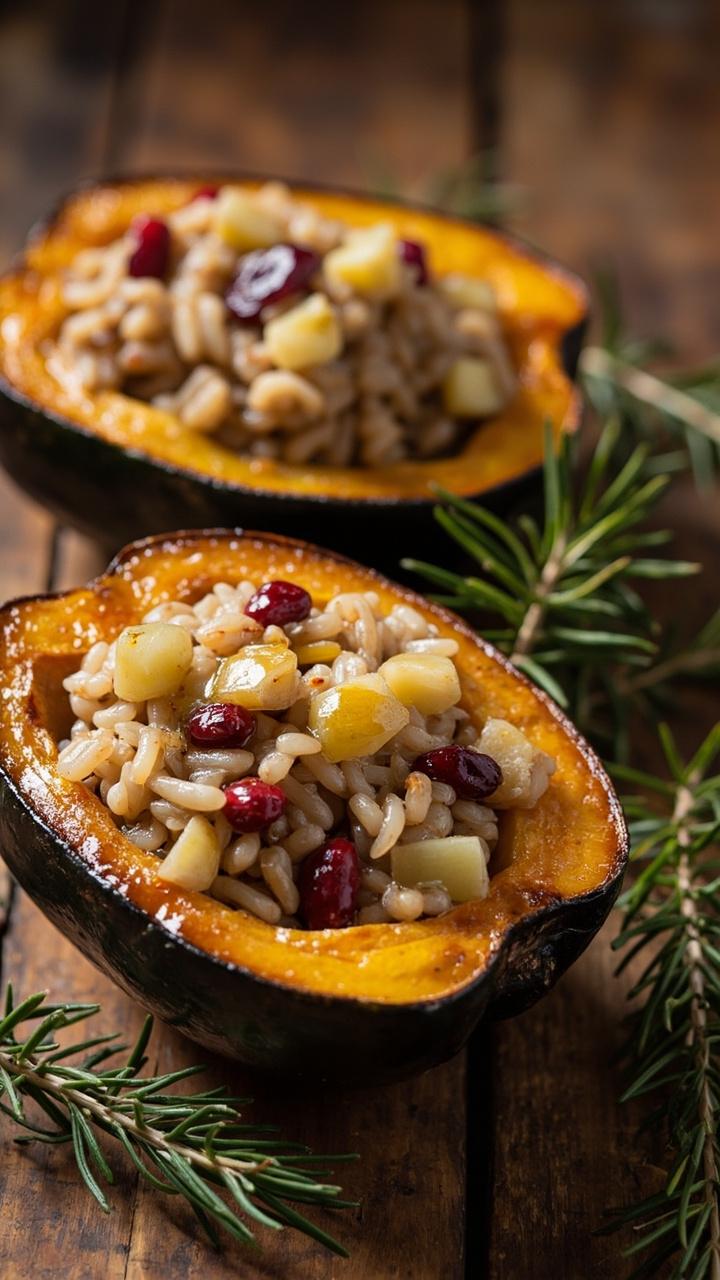 Two halved acorn squashes roasted to deep golden edges hollowed and filled with a mound of wild rice with visible diced apples and cranberries. Sprigs of rosemary beside the squash and a drizzle of olive oil glistening on top.