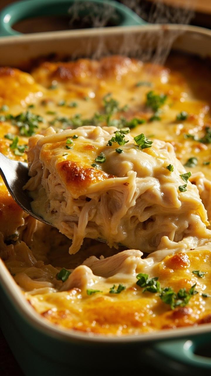 A shallow baking dish with a golden bubbling casserole top. Visible pieces of shredded chicken and wild rice peek through a creamy layer. A spatula lifts a portion revealing the creamy interior. Fresh chopped parsley sprinkled on top.