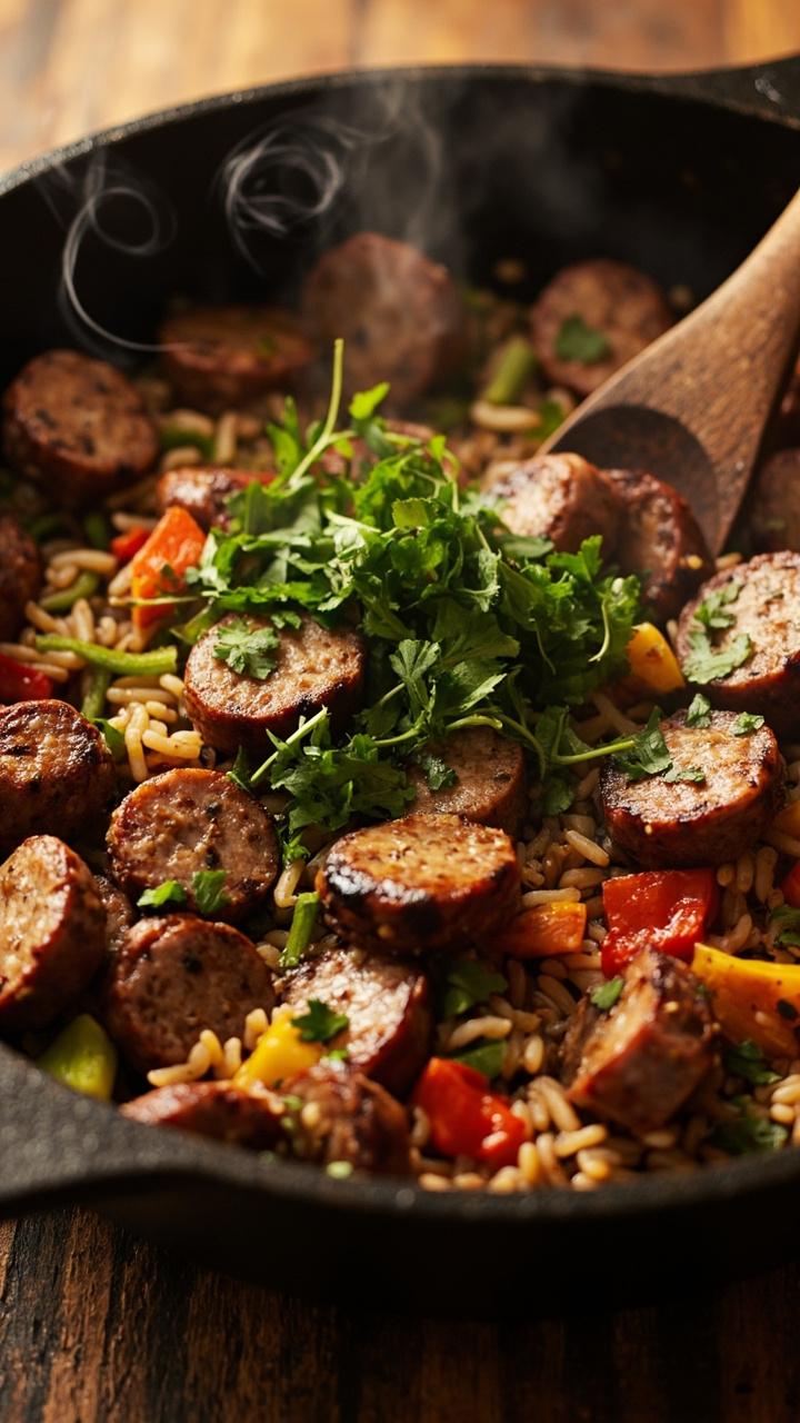 A black cast iron skillet with browned sausage slices nestled among wild rice and diced bell peppers. Bright parsley sprinkled on top and a wooden spoon still in the pan. Steam rising gently.