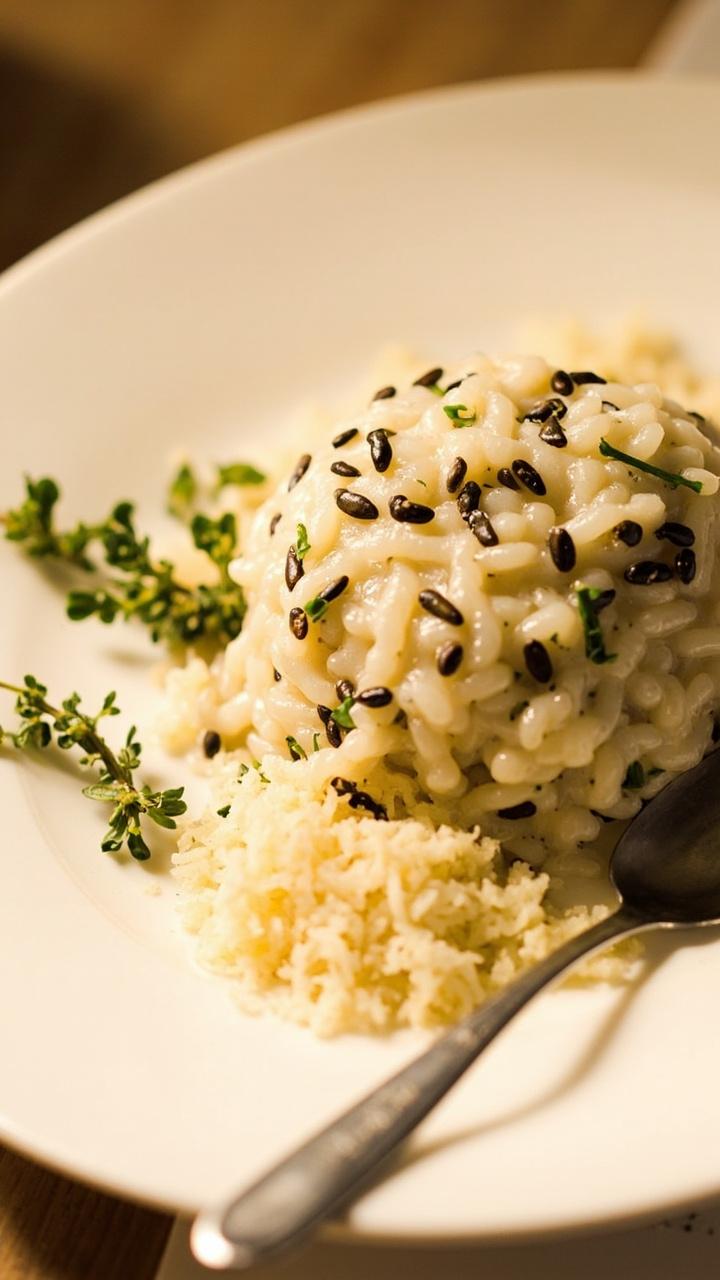 A shallow white plate of creamy pale rice with visible wild rice grains and flecks of thyme. A small pile of grated Parmesan on the side and a sprig of fresh thyme as garnish. A spoon on a clean napkin.