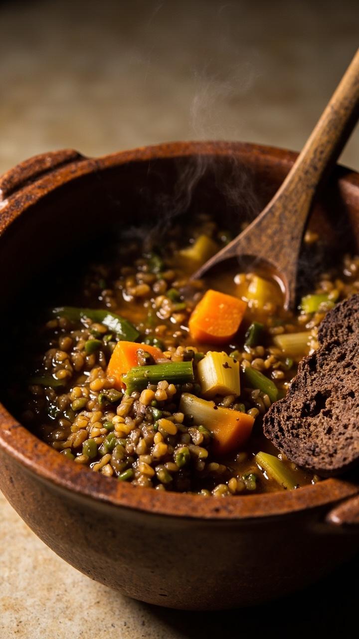 A deep bowl of thick stew with visible lentils and wild rice grains. Chunks of carrot and celery are present and a spoon sits in the bowl. A small piece of rye bread rests on the side.