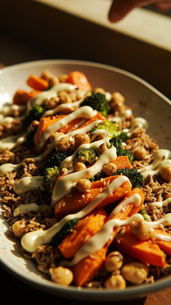 A shallow bowl layered with a base of wild rice topped with a neat row of roasted carrots broccoli and chickpeas. A drizzle of creamy tahini dressing zigzags across the vegetables and sesame seeds sprinkle the top.