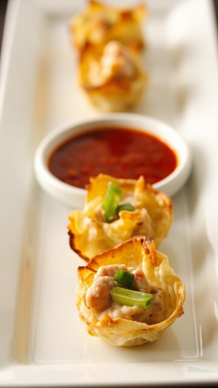 Mini wonton cups filled with creamy crab mixture, lightly browned edges, nestled on a rectangular white plate. A small dish of sweet chili sauce in the middle, sprinkled with sliced green onions.