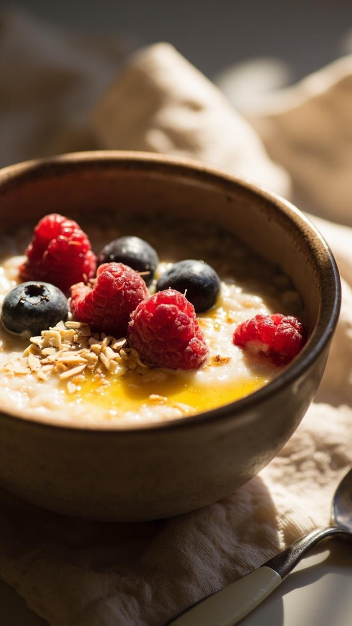 A small bowl of creamy beige porridge dotted with fresh blueberries and raspberries. A drizzle of honey glistens on top and a sprinkle of chopped almonds adds texture. A ceramic spoon rests beside the bowl on a soft napkin.