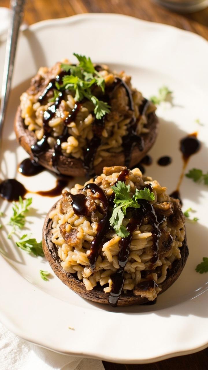 Two large portobello caps baked and filled with a compact mound of wild rice and finely chopped sautéed mushrooms. A drizzle of balsamic glaze and a few parsley leaves finish the plate. A simple napkin and fork sit beside the plate.