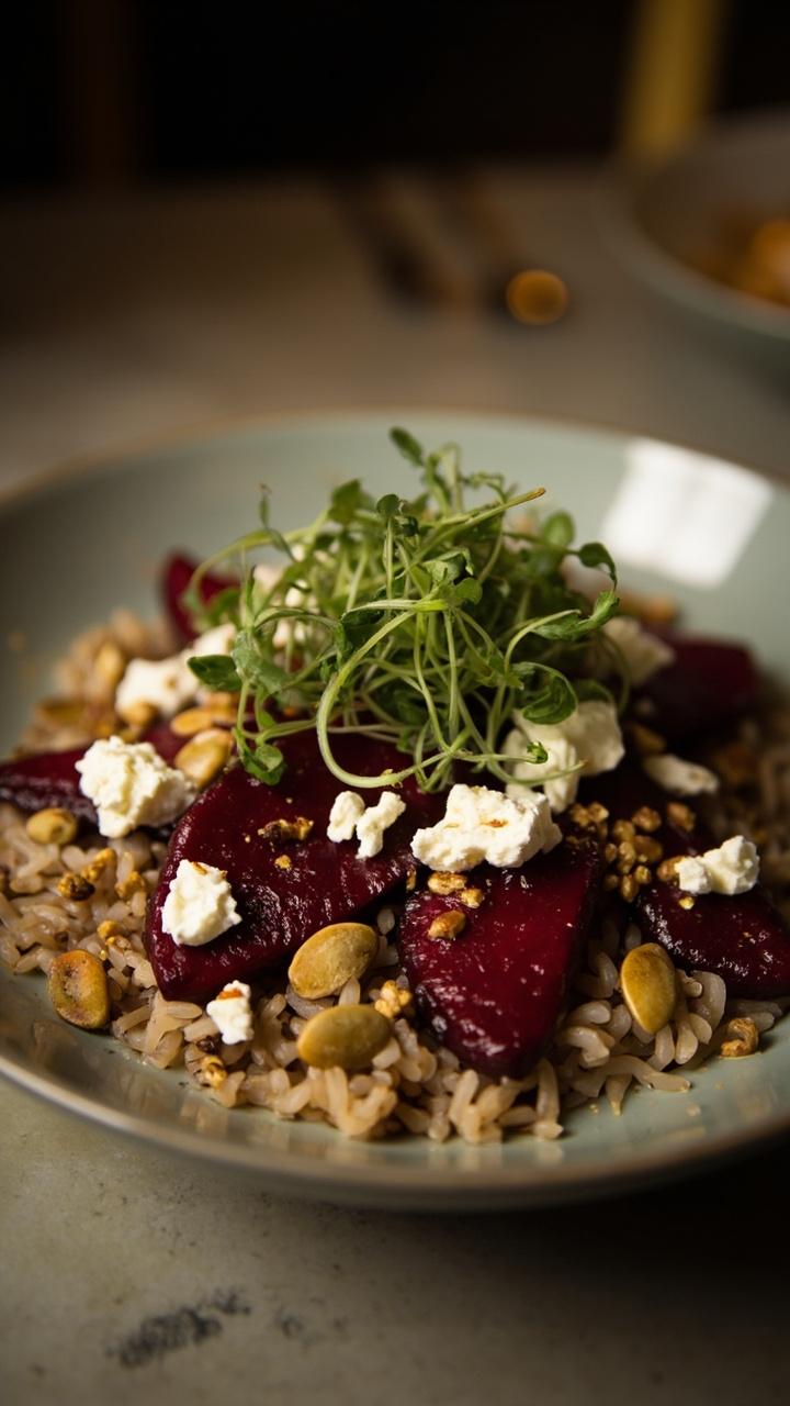 A shallow bowl with a bed of wild rice topped with wedges of deep red roasted beet and crumbles of white goat cheese. Toasted pumpkin seeds scatter across and microgreens finish the plate.